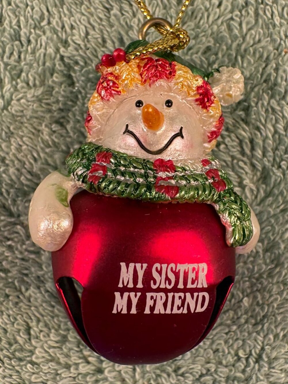 Vintage Ganz Snowman Metal Sleigh Bell Ornament My Sister My Friend Tag JX1386